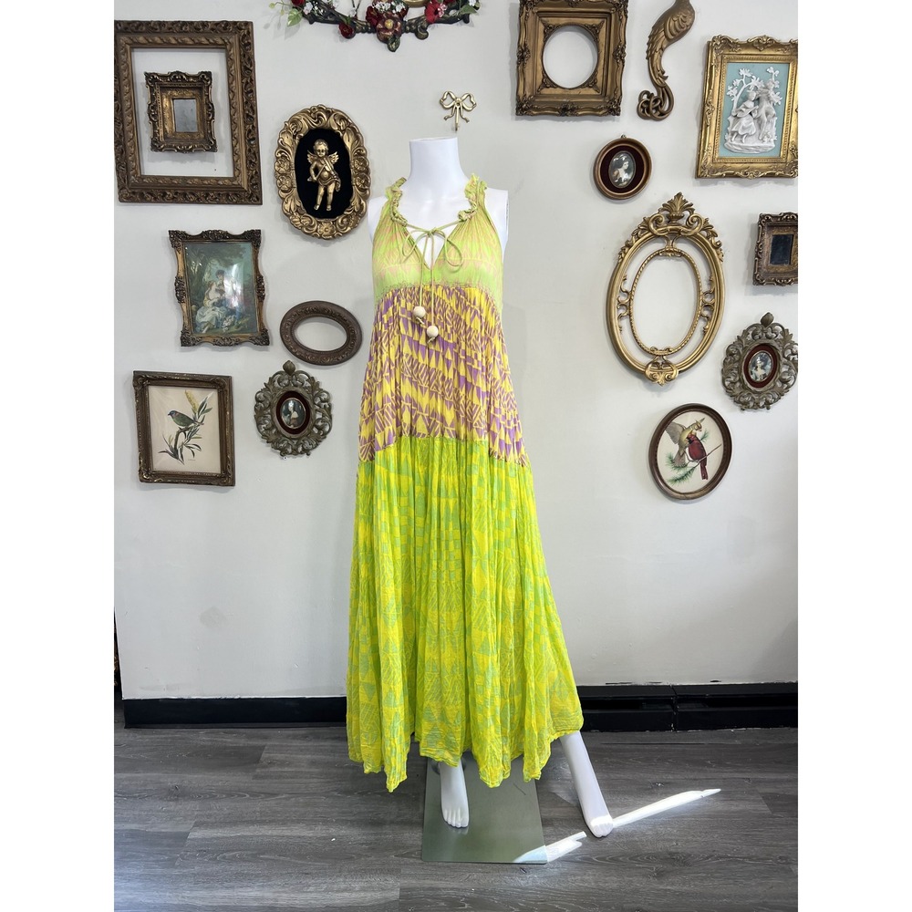 Bianca Paris Neon Green Yellow Geometric Maxi Dress Size TU